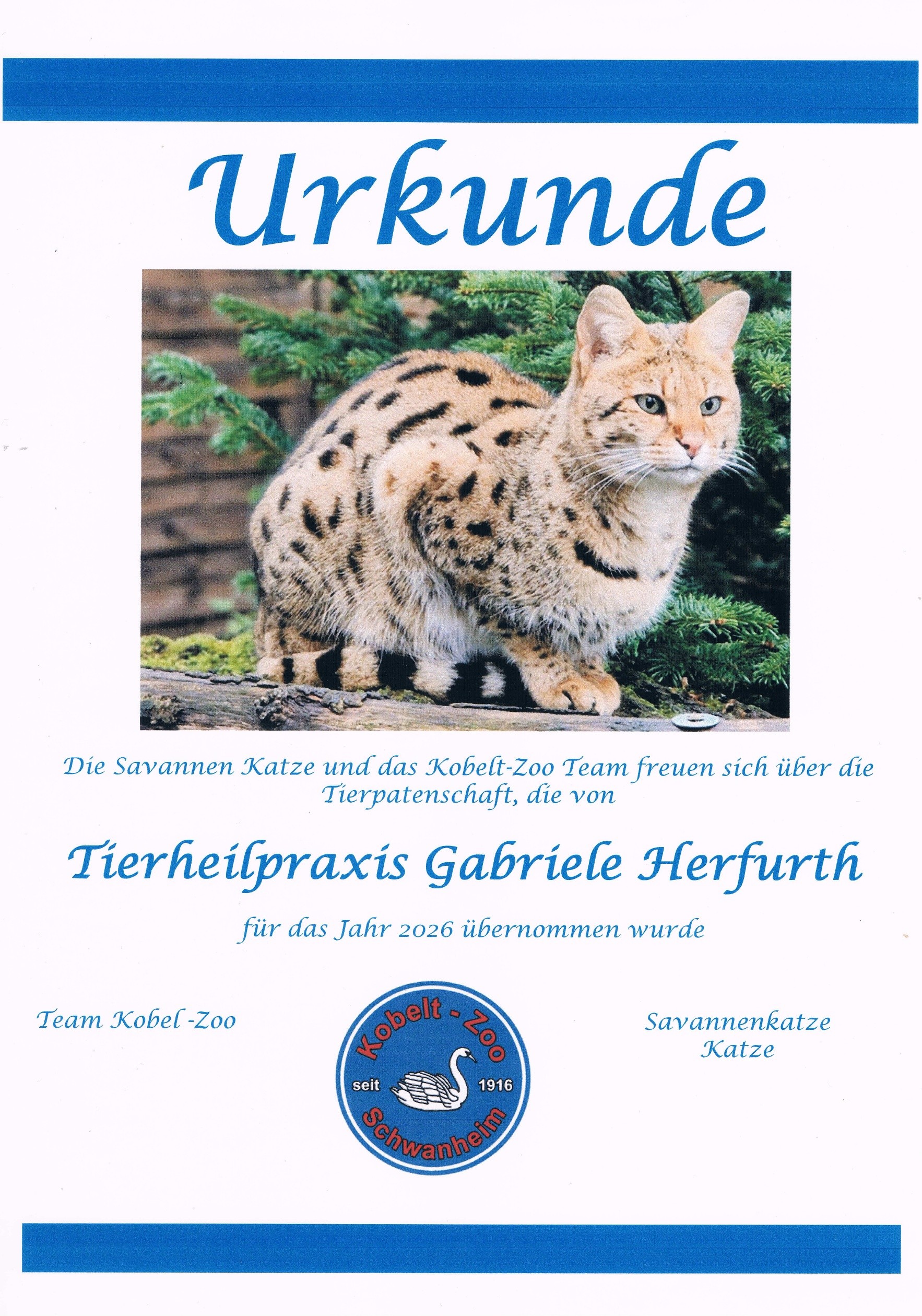 Urkunde über die Tierpatenschaft im Kobelt-Zoo in Frankfurt am Main